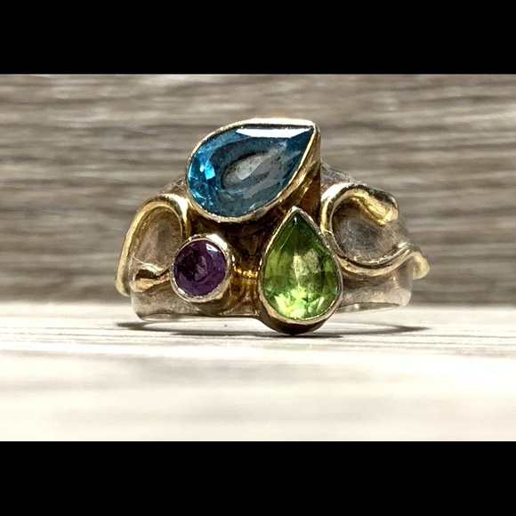 Designer Jewelry - Vintage Designer Sterling Silver & Gold Amethyst, Peridot, And Topaz Ring